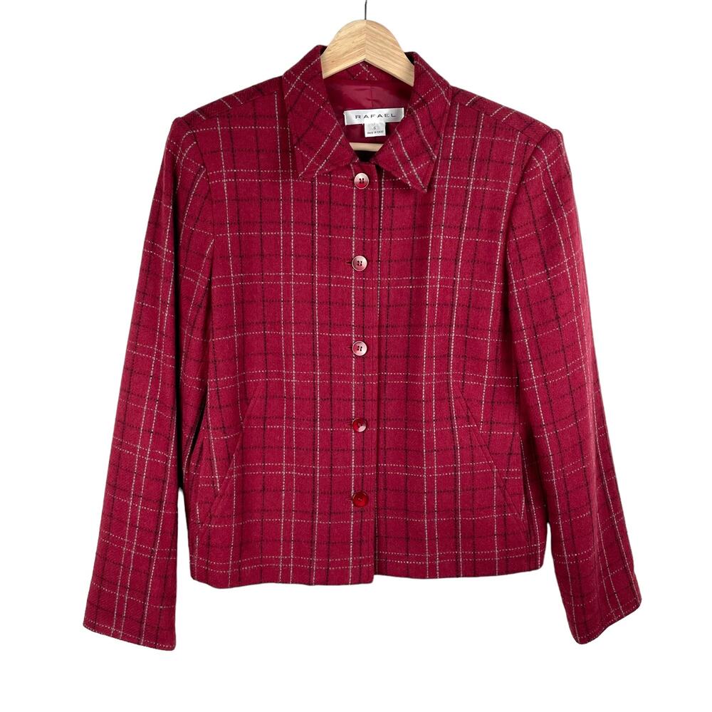 90s Vintage Plaid Tweed Blazer Jacket Women 6 Red Wool Blend Long Sleeve Pockets